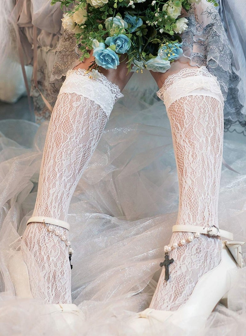 SYOSI Women's Fishnet Knee High Socks, Stylish Black, Womens Knee High Socks Girl's Lace Fishnet Patterned Stockings Lolita Loose Socks - Image 3