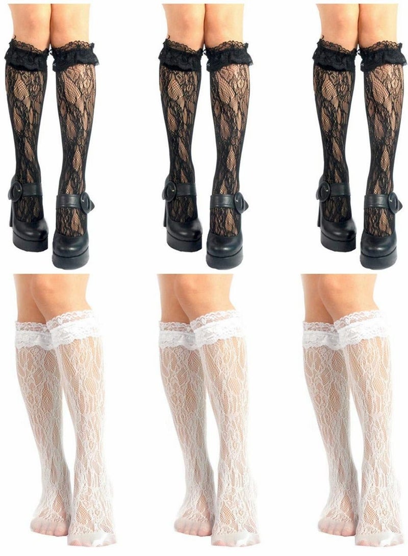 SYOSI Women's Fishnet Knee High Socks, Stylish Black, Womens Knee High Socks Girl's Lace Fishnet Patterned Stockings Lolita Loose Socks - Image 1