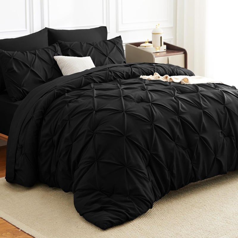 HIMEET Queen Comforter Set 7 Pieces Bed in A Bag Black Luxury Soft Queen Size Bed Set Pintuck Pinch Pleat Bedding Sets with Comforter, Flat Sheet, Fitted Sheet and Pillowcases & Shams - Image 1