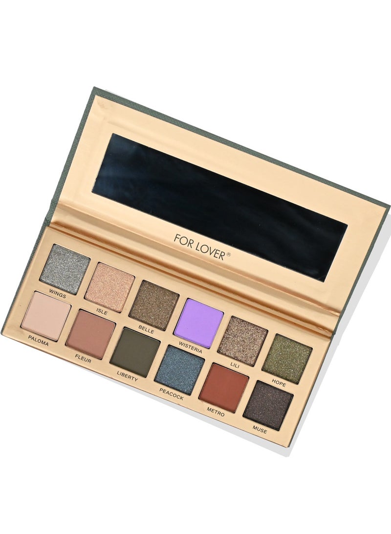 FOR LOVER An elegant eyeshadow palette featuring 12 shades of matte and shimmer, with bold shades of purple, gold, green, and bronze. The new generation for contemporary looks and special occasions, with a high-quality formula that's easy to blend and long-lasting. - Image 2