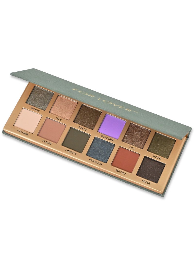 FOR LOVER An elegant eyeshadow palette featuring 12 shades of matte and shimmer, with bold shades of purple, gold, green, and bronze. The new generation for contemporary looks and special occasions, with a high-quality formula that's easy to blend and long-lasting. - Image 1