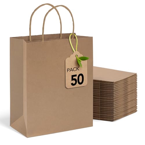 MESHA Large Paper Bags 10x5x13 Inch Kraft Shopping Paper Bags with Handles Bulk 50 Pack Large Gift Bag Retail Recycled Birthday Wedding Party Favors Brown - Image 1