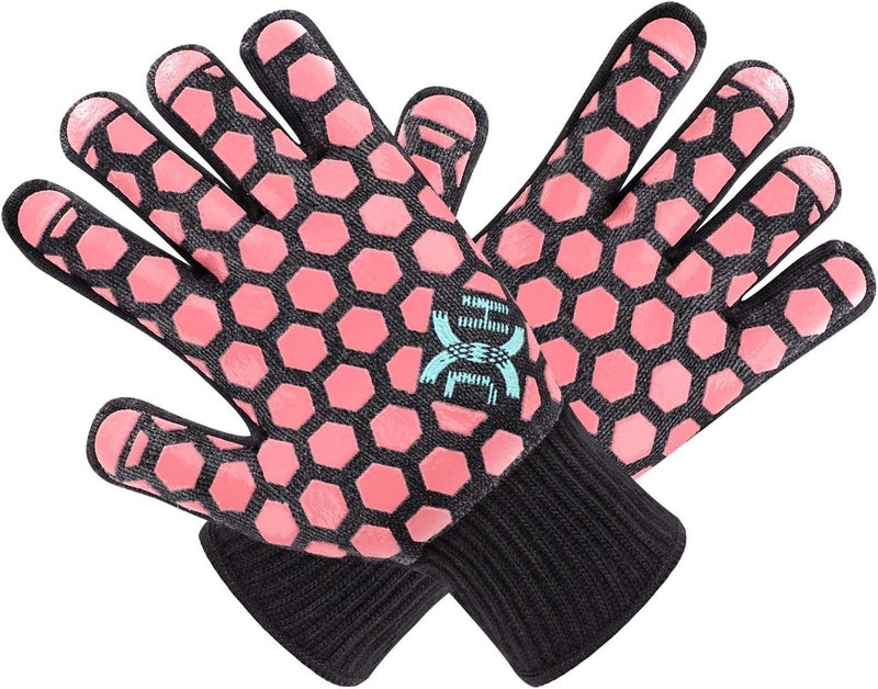 J H Heat Resistant Oven GloveEN407 Certified 932 F 2 Layers Silicone Coating Oven Mitts for CookingKitchenFireplace Grilling1Pair Black Shell with Coral Women Fits All