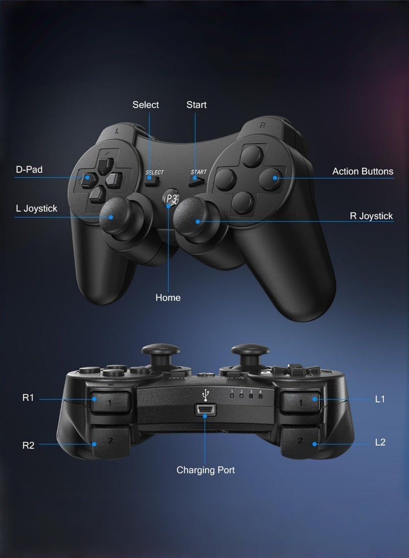 CoolRabbie Replacement Gaming Pad for PS3 Controller, 2 Pack Wireless Controllers for PlayStation 3,Slim,Pro,Dual Shock Remote Control with 6-Axis Motion, Bluetooth Gamepad with 500mAh Battery, Cheap Ideal Gift, 2 Black - Image 3