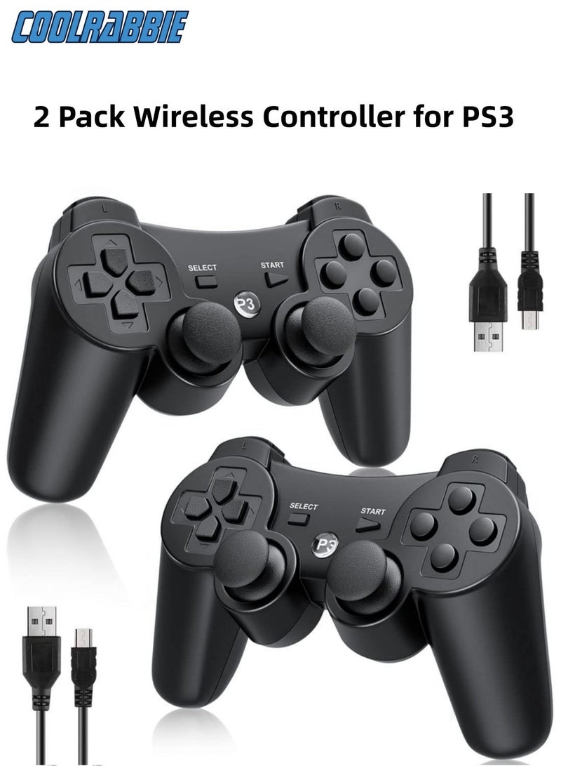 CoolRabbie Replacement Gaming Pad for PS3 Controller, 2 Pack Wireless Controllers for PlayStation 3,Slim,Pro,Dual Shock Remote Control with 6-Axis Motion, Bluetooth Gamepad with 500mAh Battery, Cheap Ideal Gift, 2 Black - Image 1