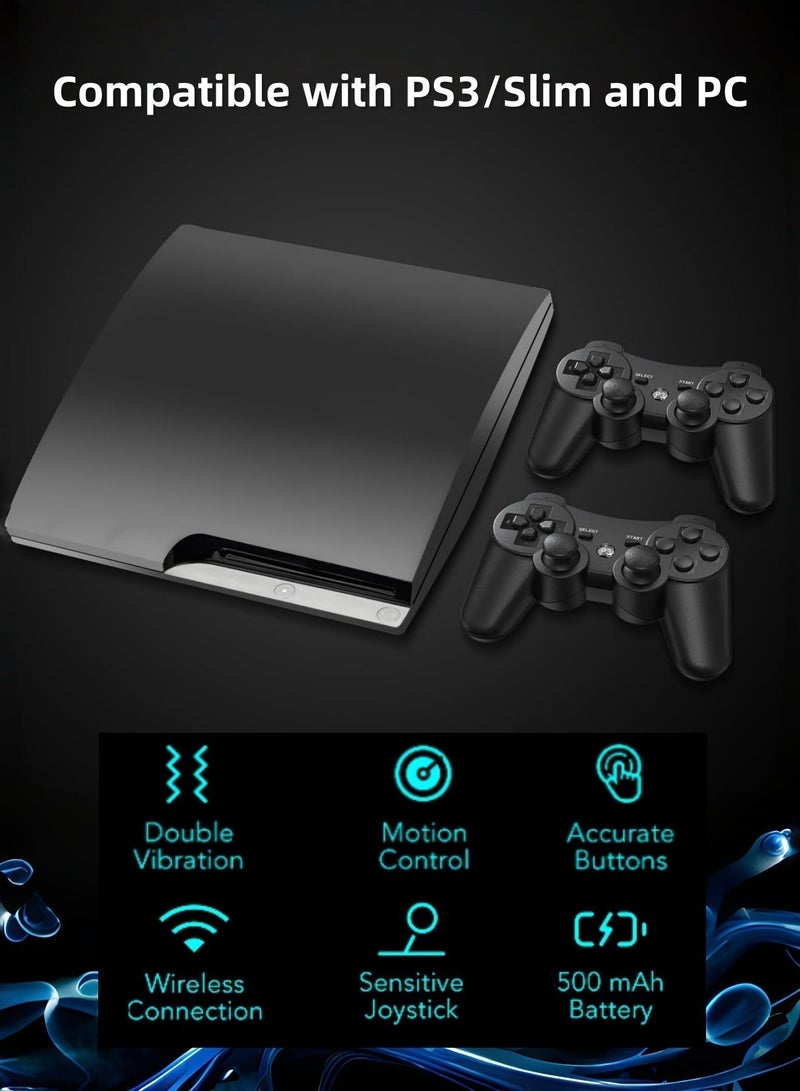 CoolRabbie Replacement Gaming Pad for PS3 Controller, 2 Pack Wireless Controllers for PlayStation 3,Slim,Pro,Dual Shock Remote Control with 6-Axis Motion, Bluetooth Gamepad with 500mAh Battery, Cheap Ideal Gift, 2 Black - Image 2