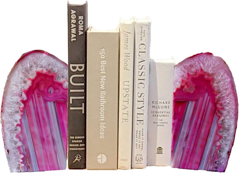 AMOYSTONE Pink Agate Bookends 1 Pair 4-6 Lbs with Rubber Bumpers for Heavy Books Home Office Shelves - Image 1