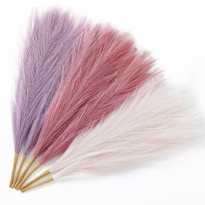PAMPAS GRASS DECOR 17 INCH 6PCS PURPLE PINK ARTIFICIAL PAMPAS GRASS HOME WEDDING DECOR SMALL FAUX PAMPAS FAKE POMPOUS BOHO VASE FILLER BATHROOM LIVING ROOM DECORATION