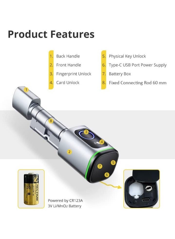 لوميف قفل باب ذكي |للأبواب الداخلية فقط| من لوميف يدعم حتي 100 بصمة , قفل ذكي يدعم الفتح عن طريق تطبيق الجوال , شامل 2 بطاقة ذكية , أسود , بطول 80مم ويشمل البطارية - Image 4