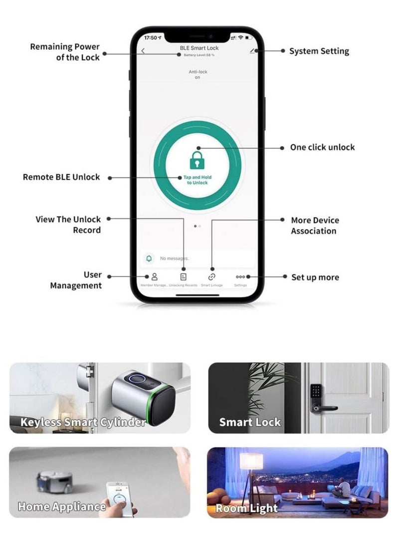 لوميف قفل باب ذكي |للأبواب الداخلية فقط| من لوميف يدعم حتي 100 بصمة , قفل ذكي يدعم الفتح عن طريق تطبيق الجوال , شامل 2 بطاقة ذكية , أسود , بطول 80مم ويشمل البطارية - Image 3