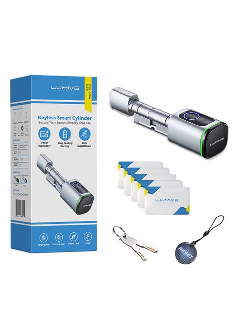 Lumive Smart Door Lock Support Up to 100 Fingerprints, Smart Lock with Remote App Unlocking, 2x RFID Smart Card , Silver , 80mm Cylinder, Battery Included