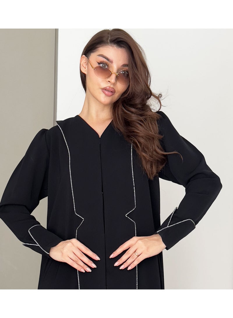 Rosette Abaya Elegant Abaya with Nada Fabric, Buff & Pleated Sleeves Design - Image 1