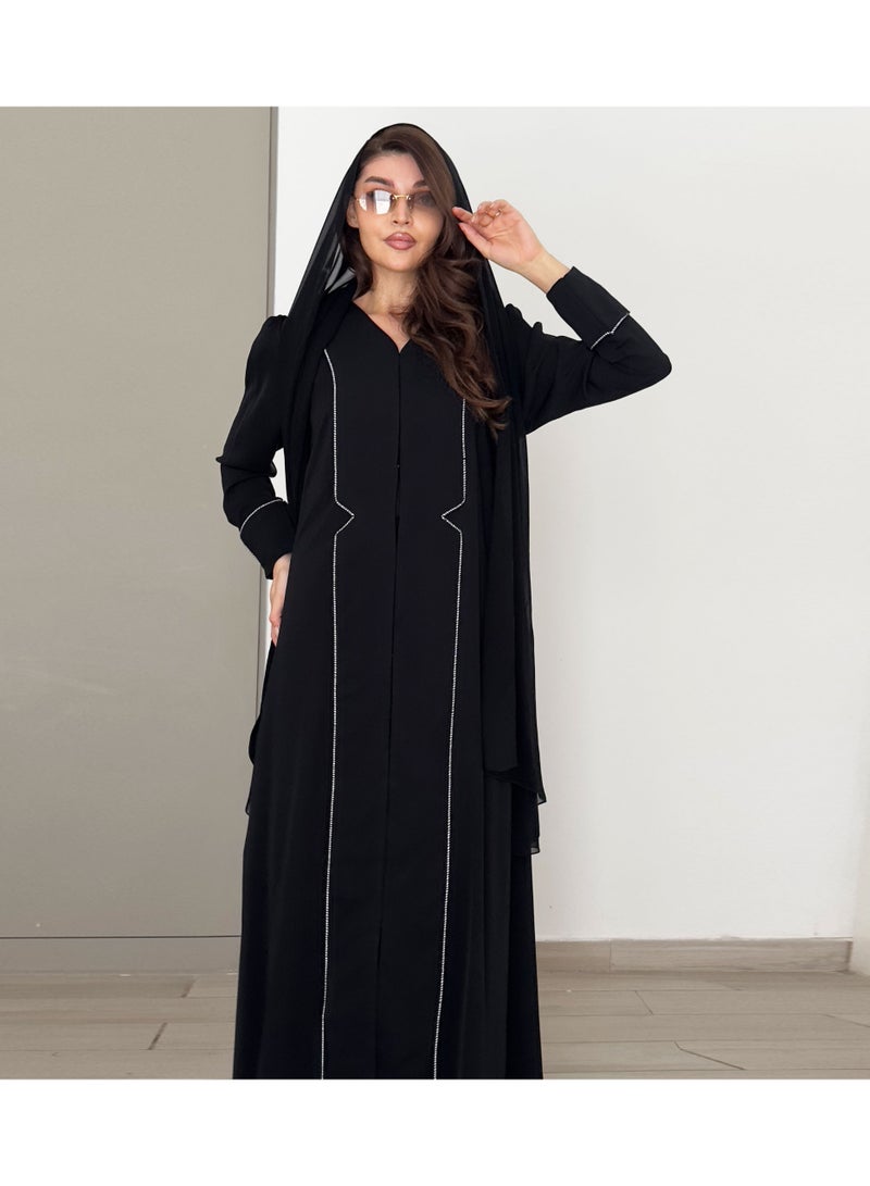 Rosette Abaya Elegant Abaya with Nada Fabric, Buff & Pleated Sleeves Design - Image 3