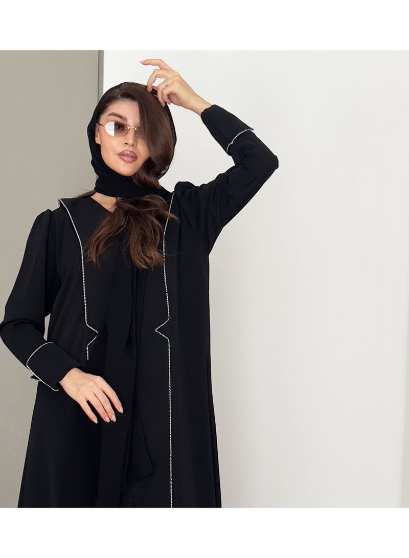 Rosette Abaya Elegant Abaya with Nada Fabric, Buff & Pleated Sleeves Design - Image 4
