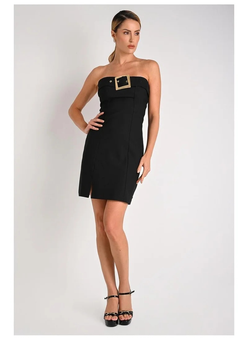 Strapless Dress with Buckle Detail in Black
