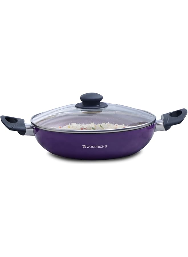 Wonderchef Valencia Non Stick Kadhai With Glass Lid | Cool Touch Bakelite Handles | Pure Grade Aluminium| Pfoa Free|2 Litres Capacity | Size 24 Cm Kadai | 1 Year Warranty | Purple - Image 1