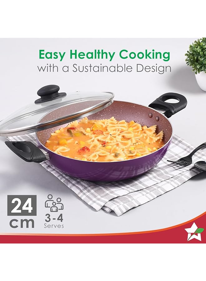 Wonderchef Valencia Non Stick Kadhai With Glass Lid | Cool Touch Bakelite Handles | Pure Grade Aluminium| Pfoa Free|2 Litres Capacity | Size 24 Cm Kadai | 1 Year Warranty | Purple - Image 5