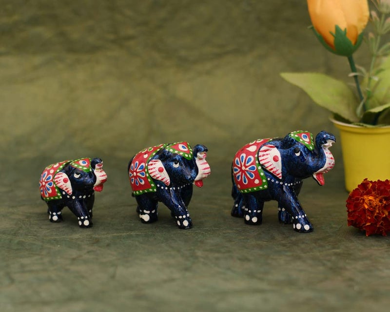 JAIPUR ACE JAIPUR ACE Paper Mache Handmade Decorative Rajasthani Design Elephant Showpiece Pack of 3 for Living Room Home Decor and Gift Purpose Pink Blue - Image 1