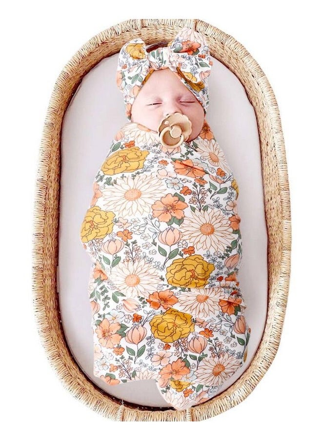 DRESHOW DRESHOW BQUBO Newborn Floral Receiving Blankets Newborn Baby Swaddling with Headband Set Warm Shower Gift  - Image 1