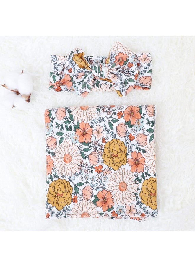 DRESHOW DRESHOW BQUBO Newborn Floral Receiving Blankets Newborn Baby Swaddling with Headband Set Warm Shower Gift  - Image 3