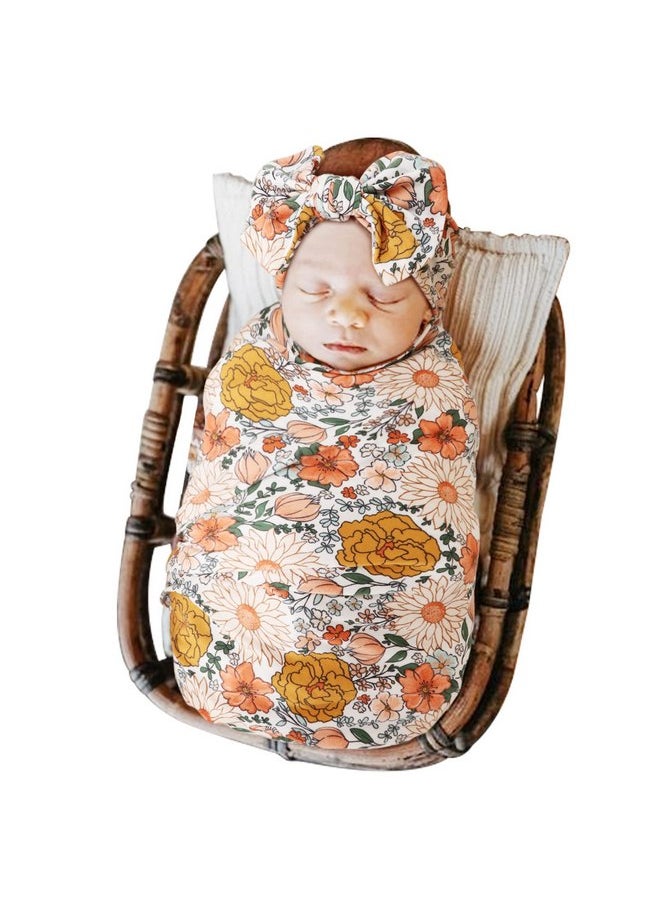 DRESHOW DRESHOW BQUBO Newborn Floral Receiving Blankets Newborn Baby Swaddling with Headband Set Warm Shower Gift  - Image 2