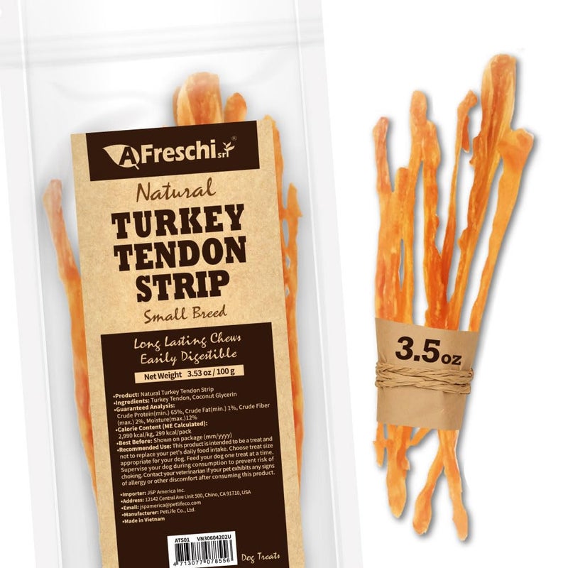 A Freschi srl Turkey Tendons for Dogs, USA-Sourced, Healthy Dog Treats, Rawhide-Free Puppy Chews, Long Lasting, All Natural, Hypoallergenic Dog Treats for Small Breeds, 3.53 oz Pack Strips - Image 1