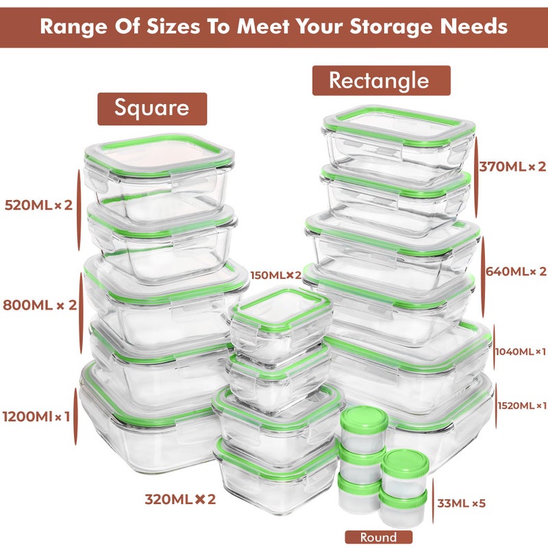 Razab 35 Pc Set Glass Food Storage Containers with Lids - Meal Prep Airtight Bento Boxes BPA-Free 100% Leak Proof (15 lids,15 glass & 5 Plastic Sauce/Dip Containers) - Image 2