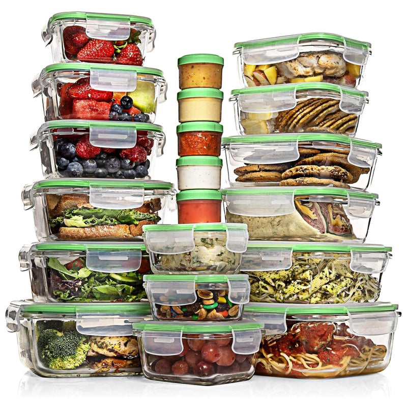 Razab 35 Pc Set Glass Food Storage Containers with Lids - Meal Prep Airtight Bento Boxes BPA-Free 100% Leak Proof (15 lids,15 glass & 5 Plastic Sauce/Dip Containers) - Image 1