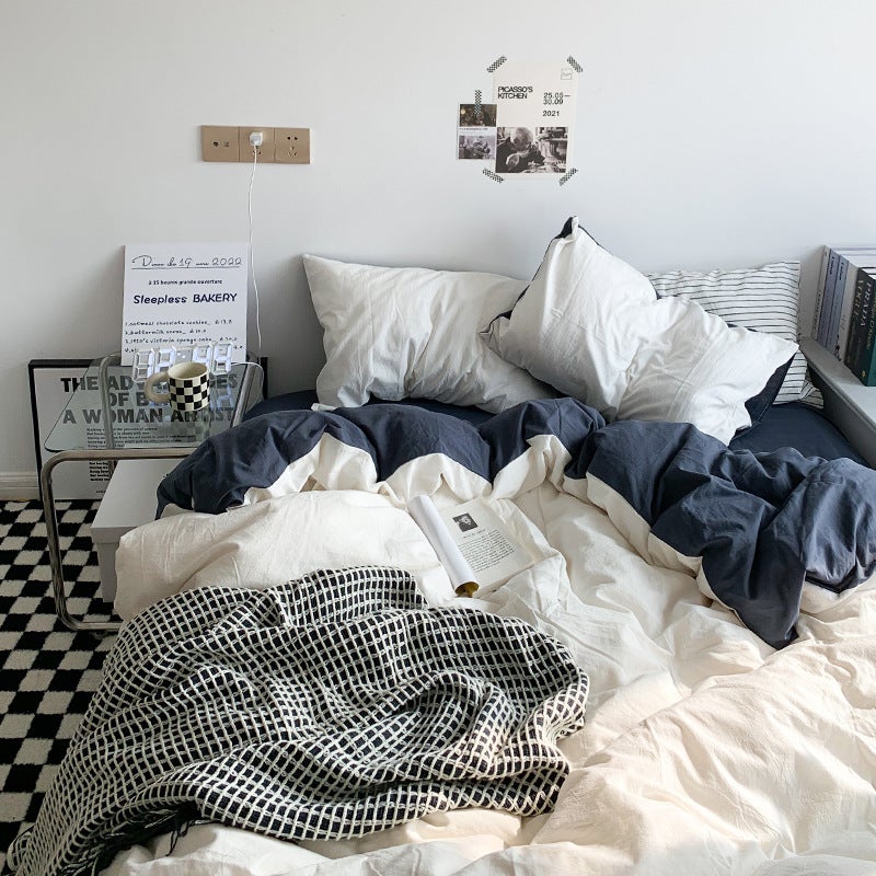 Washed Cotton Solid Color Four-Piece Bedding Set Japanese Simple Brushed Bed Sheet Quilt Cover Dormitory Three-Piece Set - Image 4