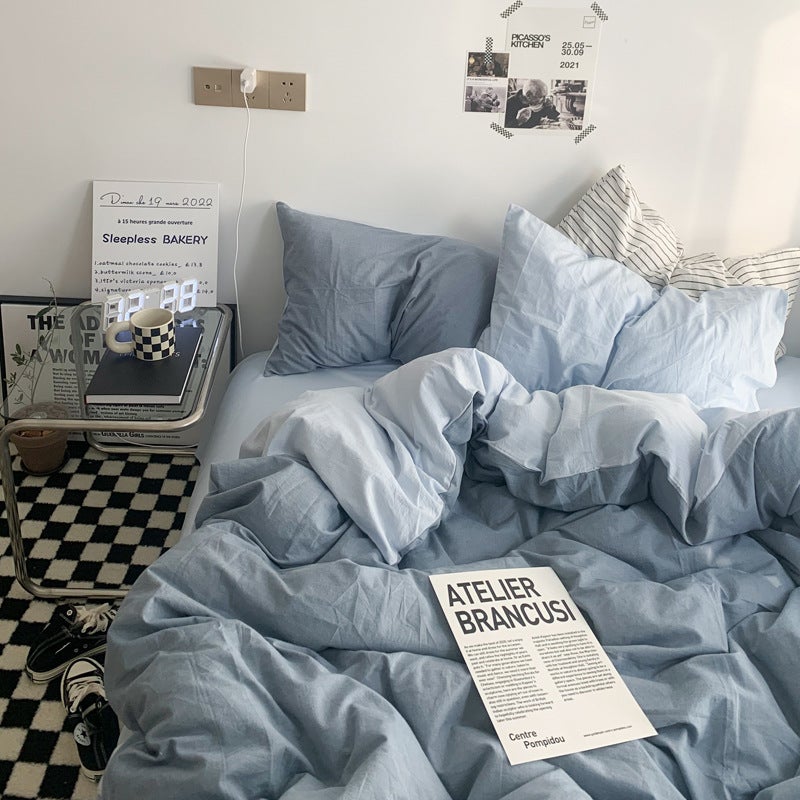 Washed Cotton Solid Color Four-Piece Bedding Set Japanese Simple Brushed Bed Sheet Quilt Cover Dormitory Three-Piece Set - Image 2