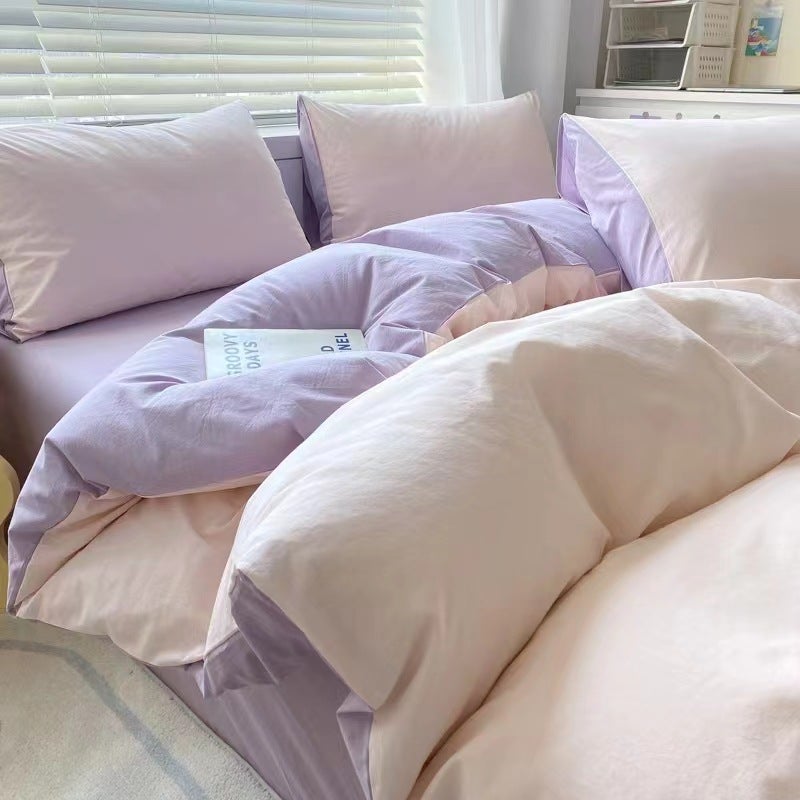 Washed Cotton Solid Color Four-Piece Bedding Set Japanese Simple Brushed Bed Sheet Quilt Cover Dormitory Three-Piece Set - Image 5
