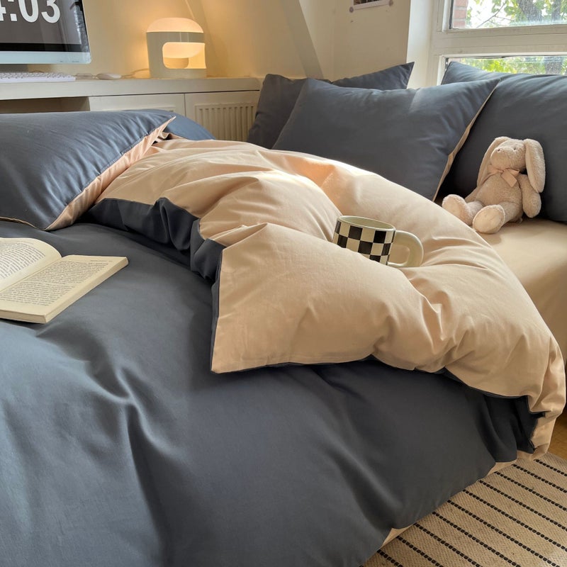Washed Cotton Solid Color Four-Piece Bedding Set Japanese Simple Brushed Bed Sheet Quilt Cover Dormitory Three-Piece Set - Image 1