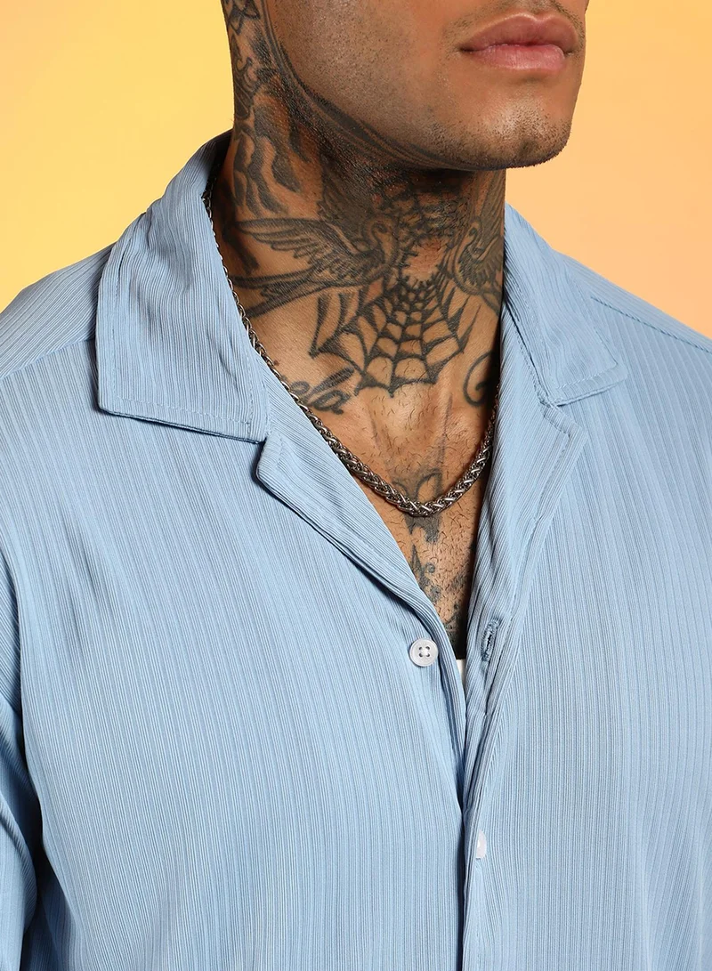 CAHOOT  Men's Baby Blue Ribbed Utility Co-Ord Set For Casual Wear | Cuban Collar | Short Sleeve | Button Closure | Co-Ords Crafted With Comfort Fit For Everyday Wear for Men | Best Price UAE
