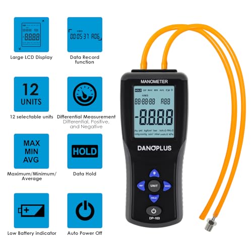DANOPLUS Manometer Digital Manometer Gas Pressure Tester Professional 12 Selectable Units Differential Manometer Gauge HVAC Air Pressure Meter with Large LCD Display Backlight, Data Record Funtion - Image 2