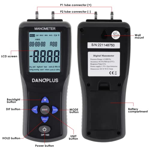 DANOPLUS Manometer Digital Manometer Gas Pressure Tester Professional 12 Selectable Units Differential Manometer Gauge HVAC Air Pressure Meter with Large LCD Display Backlight, Data Record Funtion - Image 4