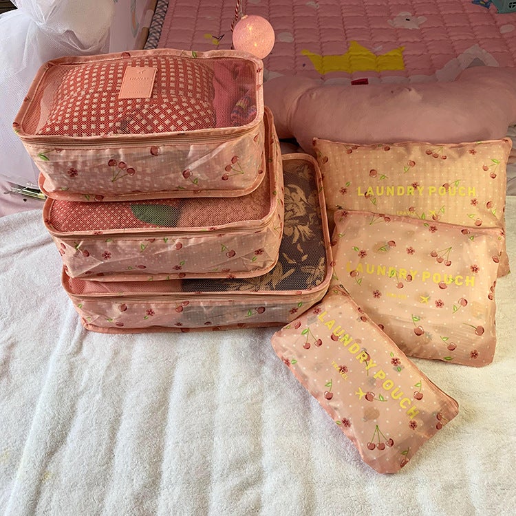 Korean-style Travel Storage Bag Clothes Household 6-piece Storage Bag Underwear Panties Pull Rod Storage Set 6-piece Set Pink Cherry