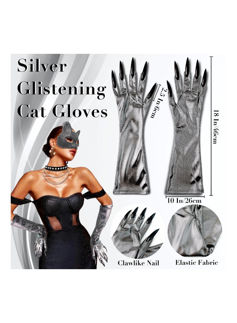 Zikra Dazzling Cat Woman Costume Accessories Set - Rhinestone Masquerade Mask, Adjustable Leather Collar Choker, Shiny Silver Cat Gloves with Claw Nails, and Flexible Tail - Perfect for Parties, and Cosplay - Image 4