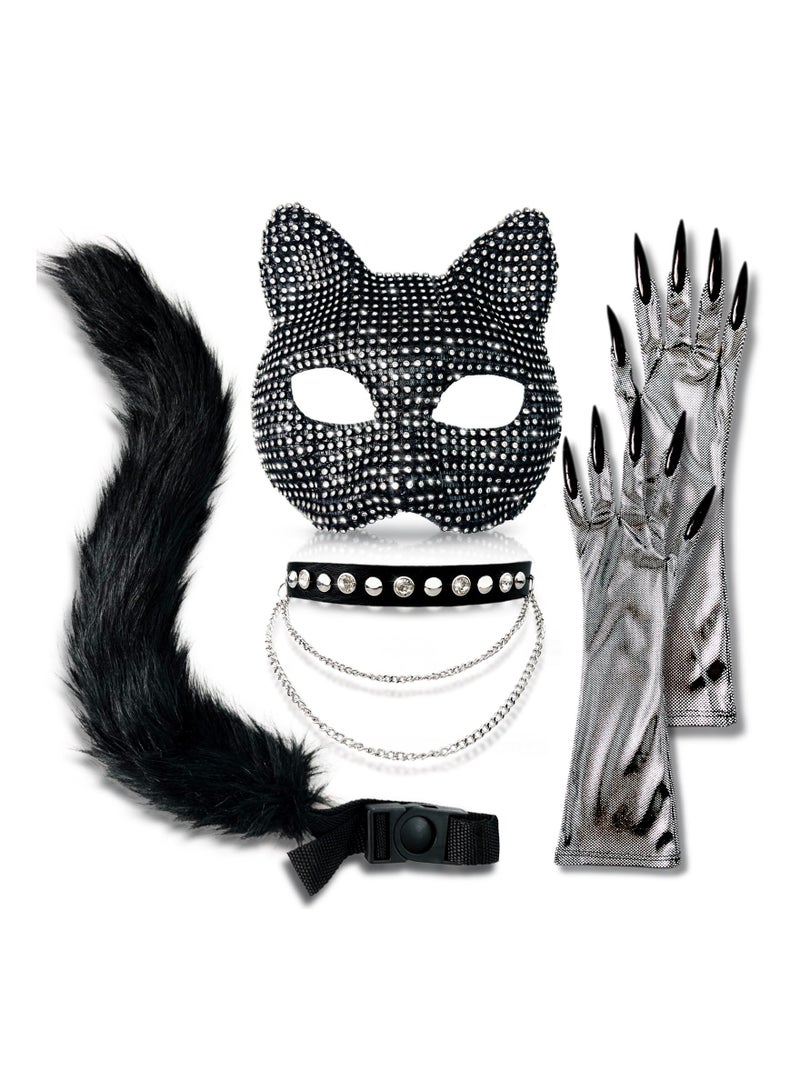 Zikra Dazzling Cat Woman Costume Accessories Set - Rhinestone Masquerade Mask, Adjustable Leather Collar Choker, Shiny Silver Cat Gloves with Claw Nails, and Flexible Tail - Perfect for Parties, and Cosplay - Image 1