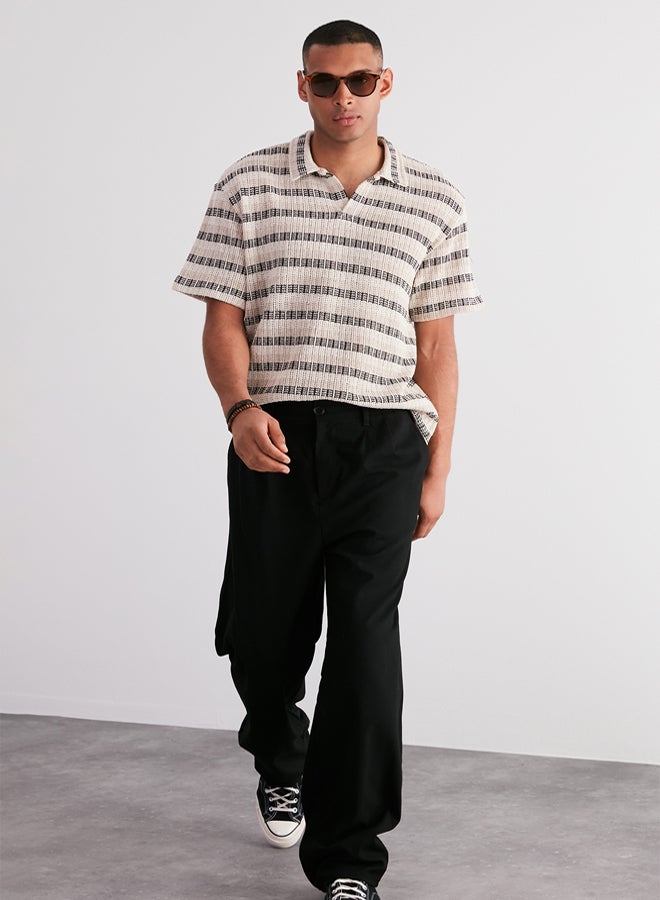 Trendyol Man Ecru Oversize/Wide Cut Low Shoulder Limited Edition Striped Polo Neck T-shirt - Image 1