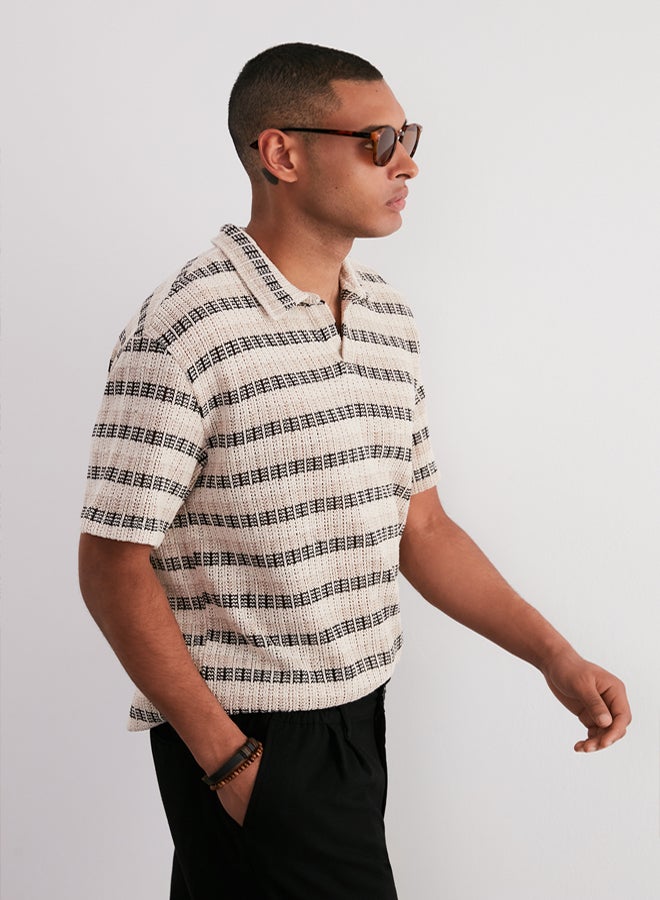 Trendyol Man Ecru Oversize/Wide Cut Low Shoulder Limited Edition Striped Polo Neck T-shirt - Image 2