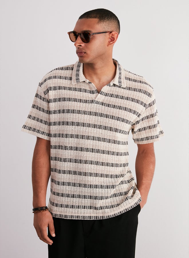 Trendyol Man Ecru Oversize/Wide Cut Low Shoulder Limited Edition Striped Polo Neck T-shirt - Image 3