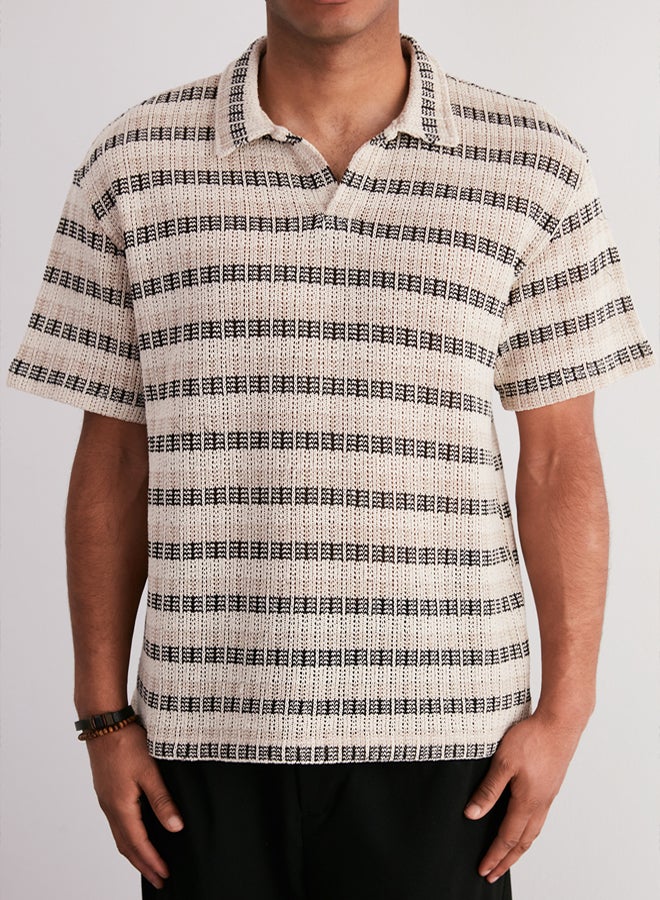 Trendyol Man Ecru Oversize/Wide Cut Low Shoulder Limited Edition Striped Polo Neck T-shirt - Image 4