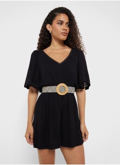 Little Mistress Black Paperbag Belted Playsuit  - Image 1