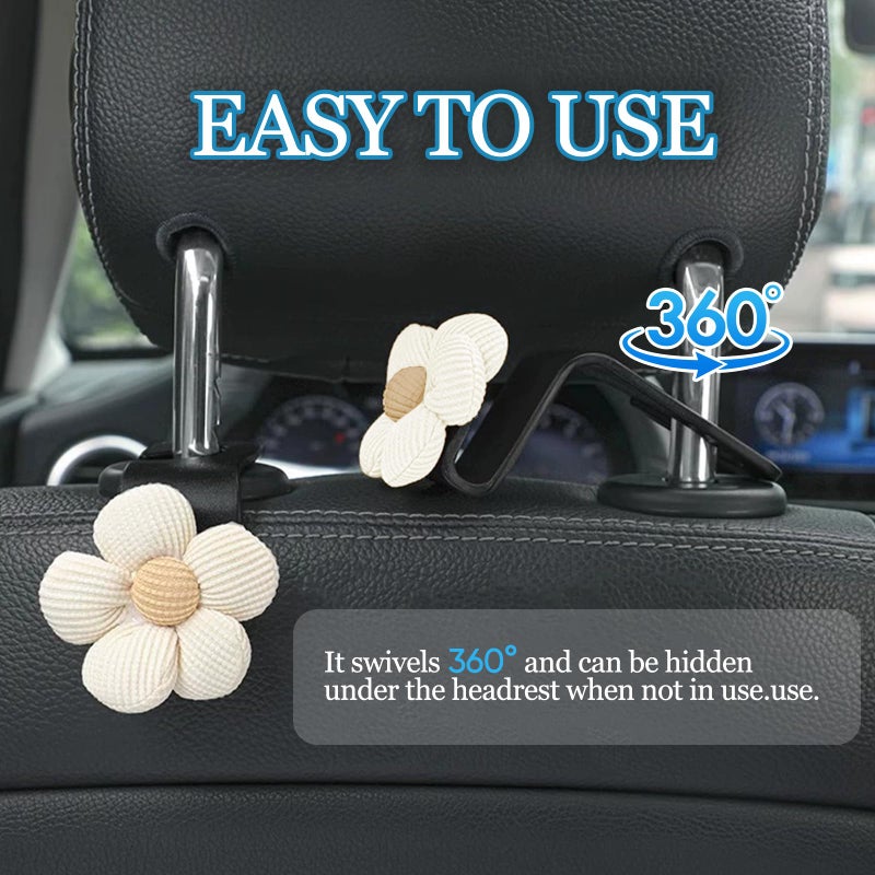 Hbxdeco 4PCS Car Seat Headrest Hook, Cute Flower Car Seat Back Hanging Hook, Auto Seat Purse Hanger Organizer for Handbag Clothes Coat Grocery Bag, Universal Interior Car Accessories (White) - Image 4