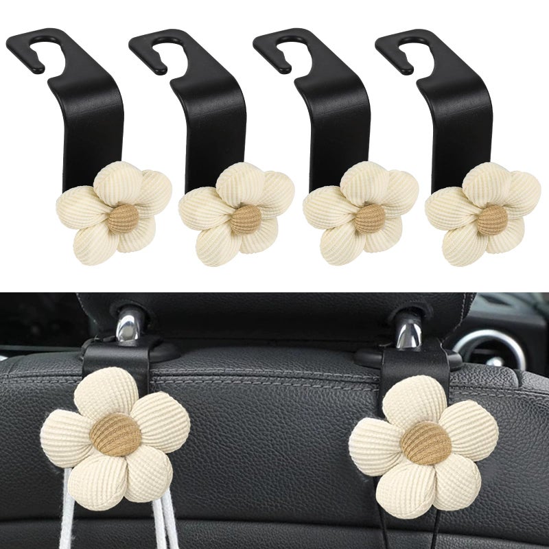 Hbxdeco 4PCS Car Seat Headrest Hook, Cute Flower Car Seat Back Hanging Hook, Auto Seat Purse Hanger Organizer for Handbag Clothes Coat Grocery Bag, Universal Interior Car Accessories (White) - Image 1