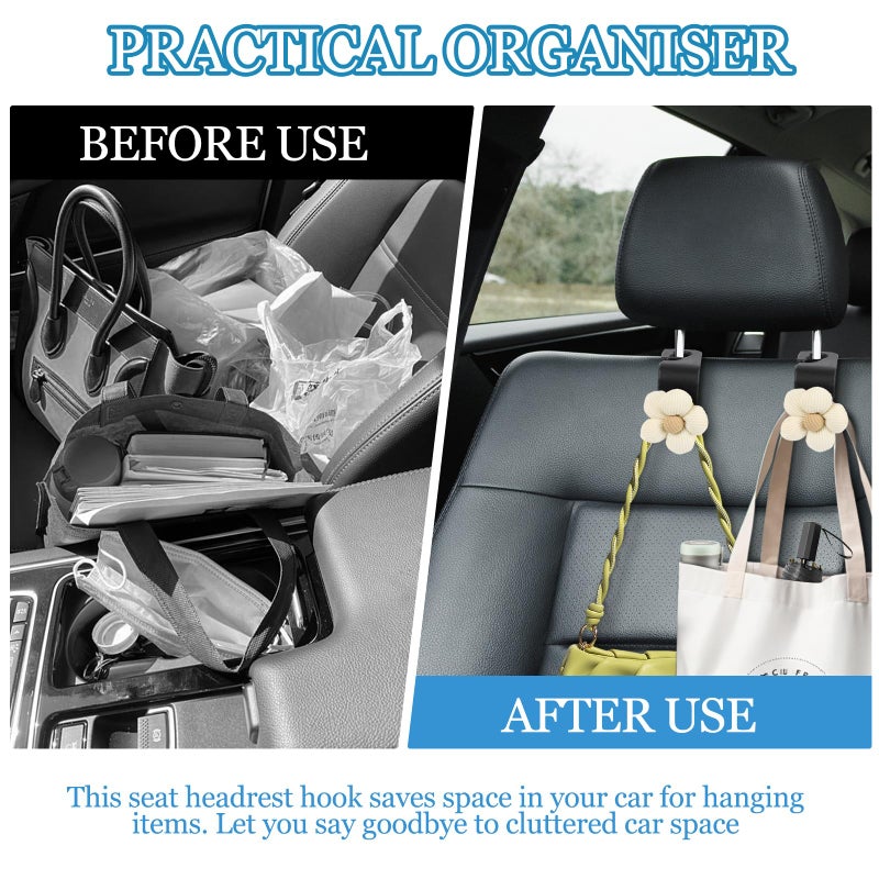 Hbxdeco 4PCS Car Seat Headrest Hook, Cute Flower Car Seat Back Hanging Hook, Auto Seat Purse Hanger Organizer for Handbag Clothes Coat Grocery Bag, Universal Interior Car Accessories (White) - Image 5