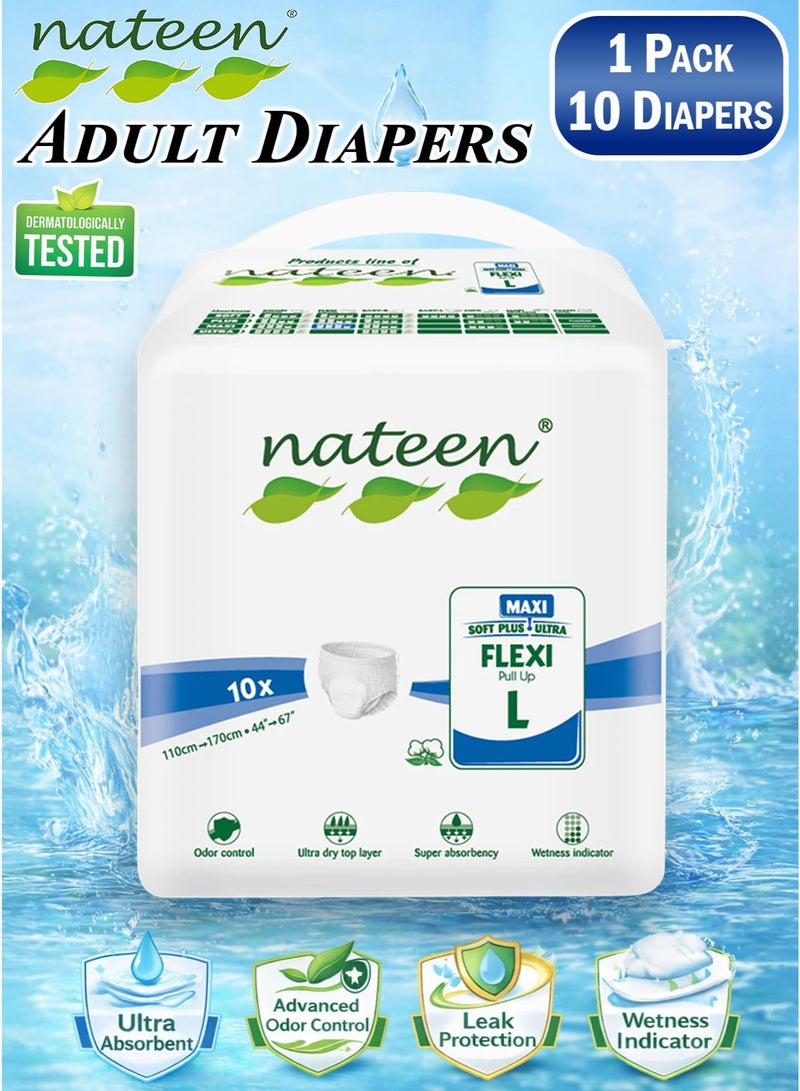 nateen 10 Count Pack of 1 Nateen Flexi Maxi Adult Diapers Pants Night Time Pull Up Large Size Waist 110-170cm Disposable Incontinence Underwear for Men & Women, Ultra Absorbent 3450ml Overnight Adult Pull Ups with Odor Control Wetness Indicator Leak Guard Protection, Breathable Soft Rustle Free Adult Diaper Pants for Elderly Care Patient Care - Image 1