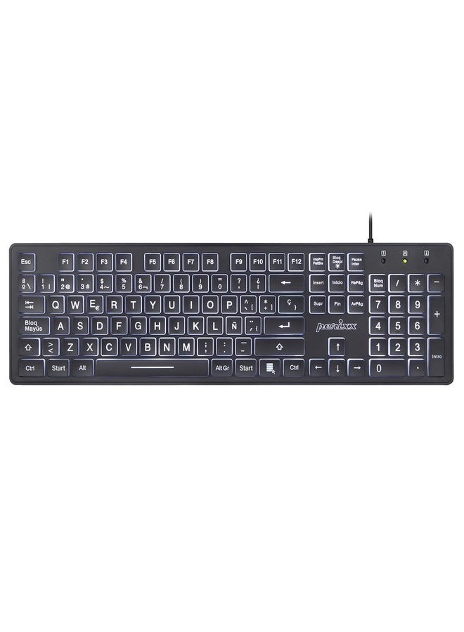 Perixx PERIBOARD-317ES es un teclado con cable y retroiluminado LED, Letras impresas en grande con iluminación blanca, Teclado Full Size, QWERTY Español - Image 1