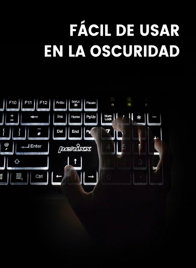 Perixx PERIBOARD-317ES es un teclado con cable y retroiluminado LED, Letras impresas en grande con iluminación blanca, Teclado Full Size, QWERTY Español - Image 4