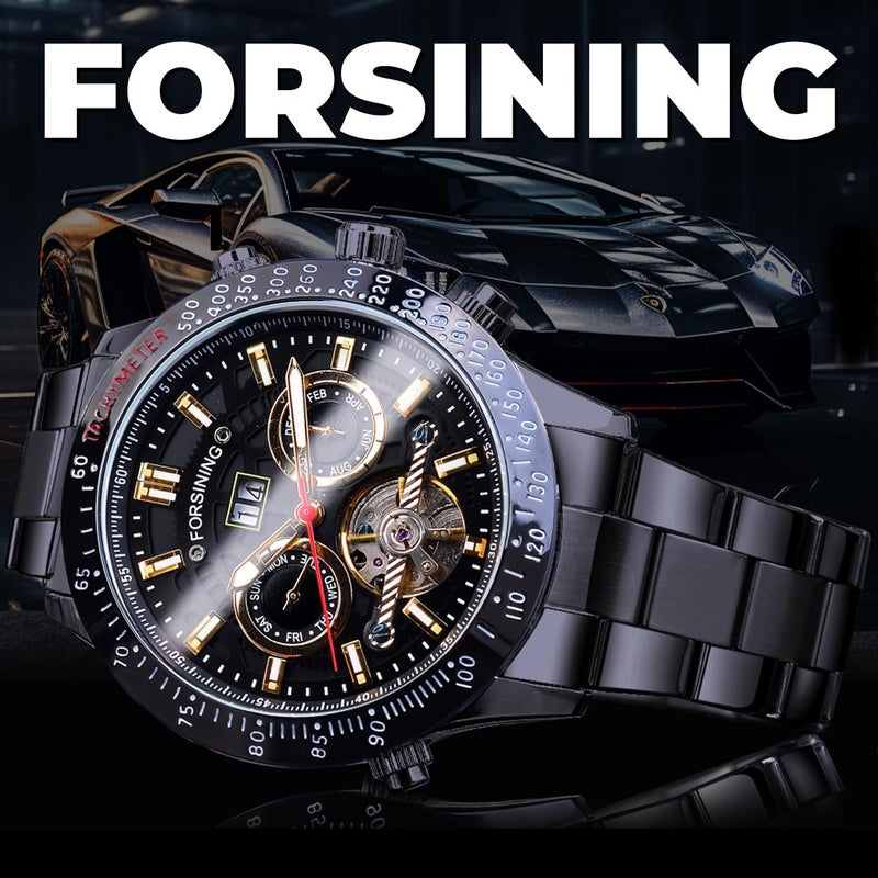 FORSINING Men Tourbillon Mechanical Self-Wind Watch, Day Date Month Full Calendar, Luminous Tachymeter Multifunctional Automatic Watches, Carved Big Dial Stainless Steel Band Wrist Watch, Black All - Image 4